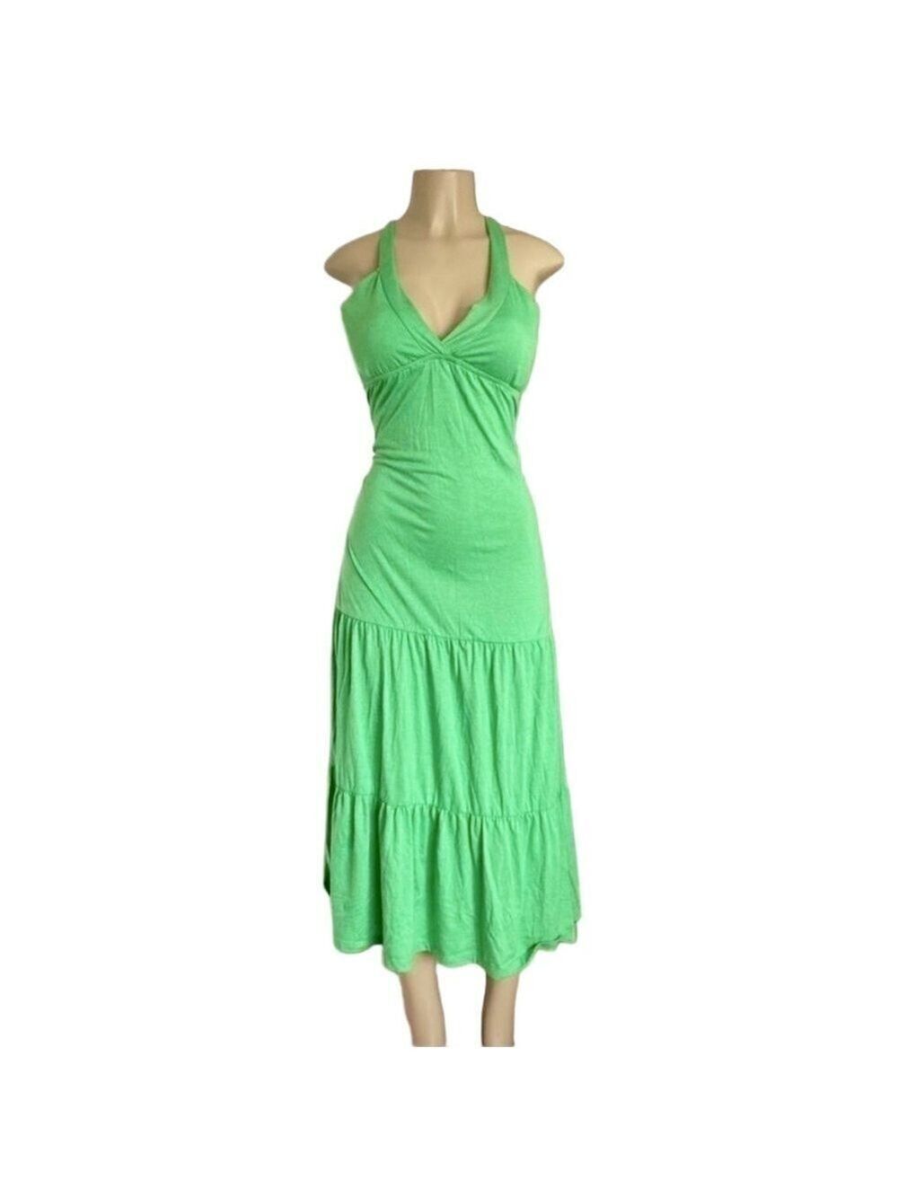 Belle Du Jour Green Tiered Maxi Dress Large Stretchy V-Neck Boho Summer